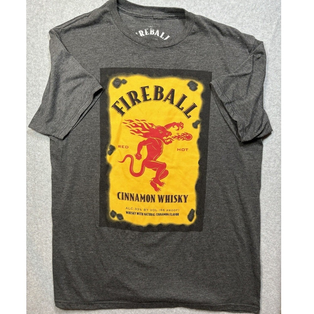 Fireball Cinnamon Whisky T-Shirt Mens Large Gray Ripple Junction Red Dragon Logo